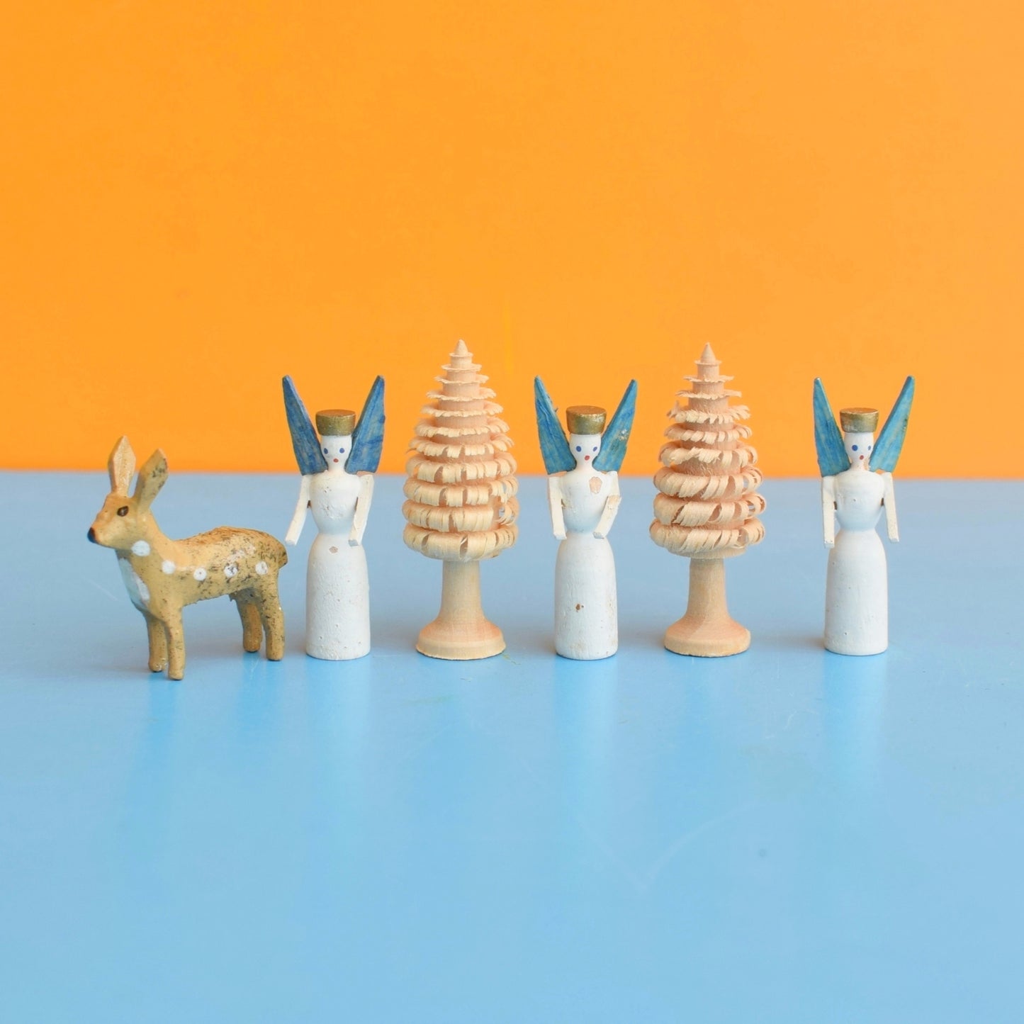 Vintage 1950s Tiny Erzgebirge German Wooden Christmas Trees/ Angels/ Bambi