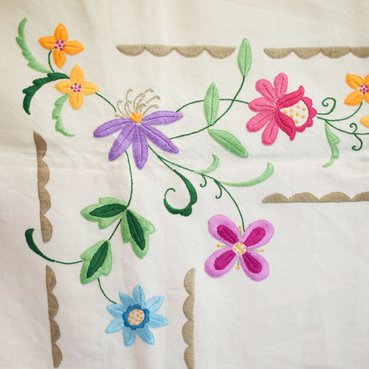 Vintage 1960s Embroidered Tablecloth - Flowers by Vintage