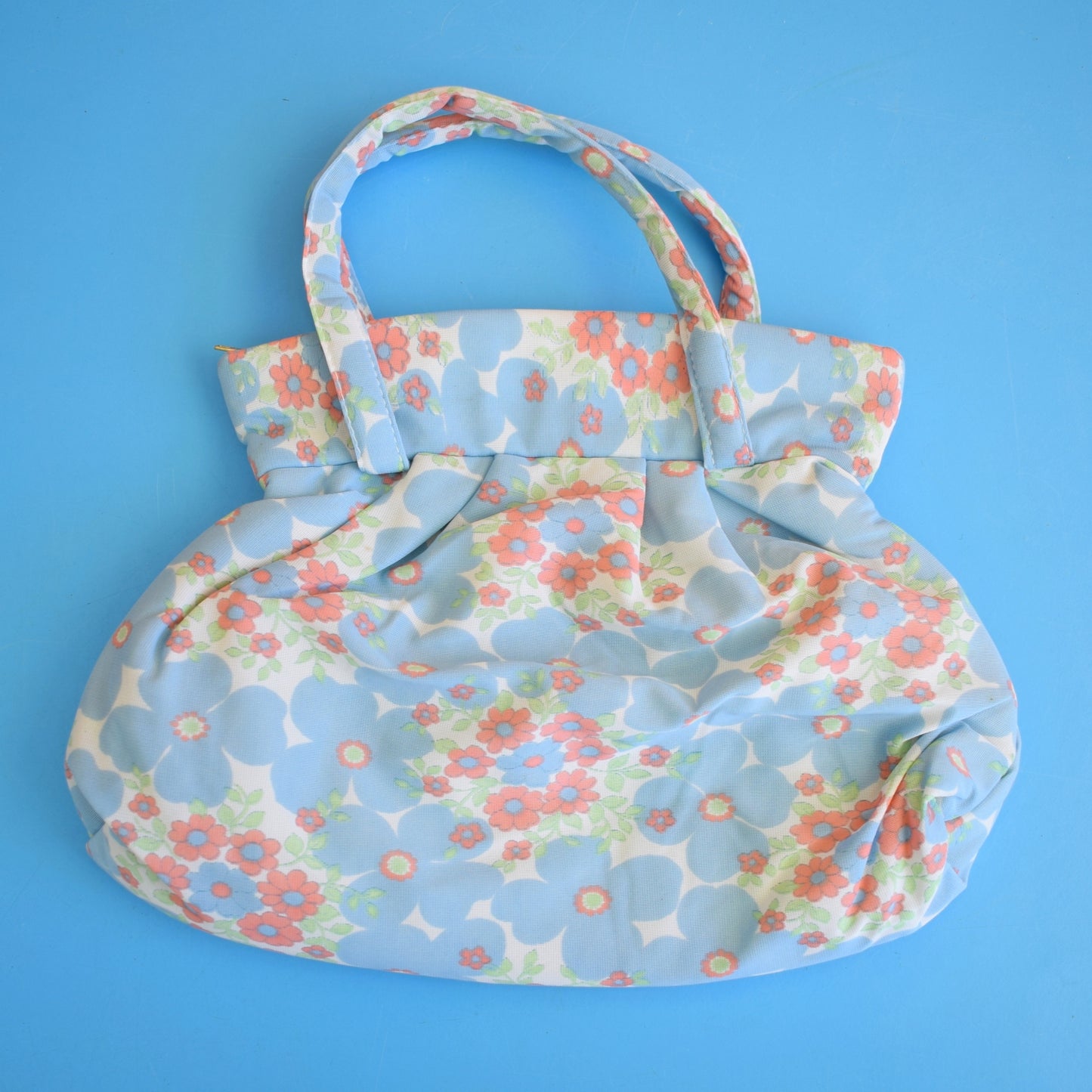Vintage 1960s Wash Bag / Handbag - Blue & Peach Flower Power