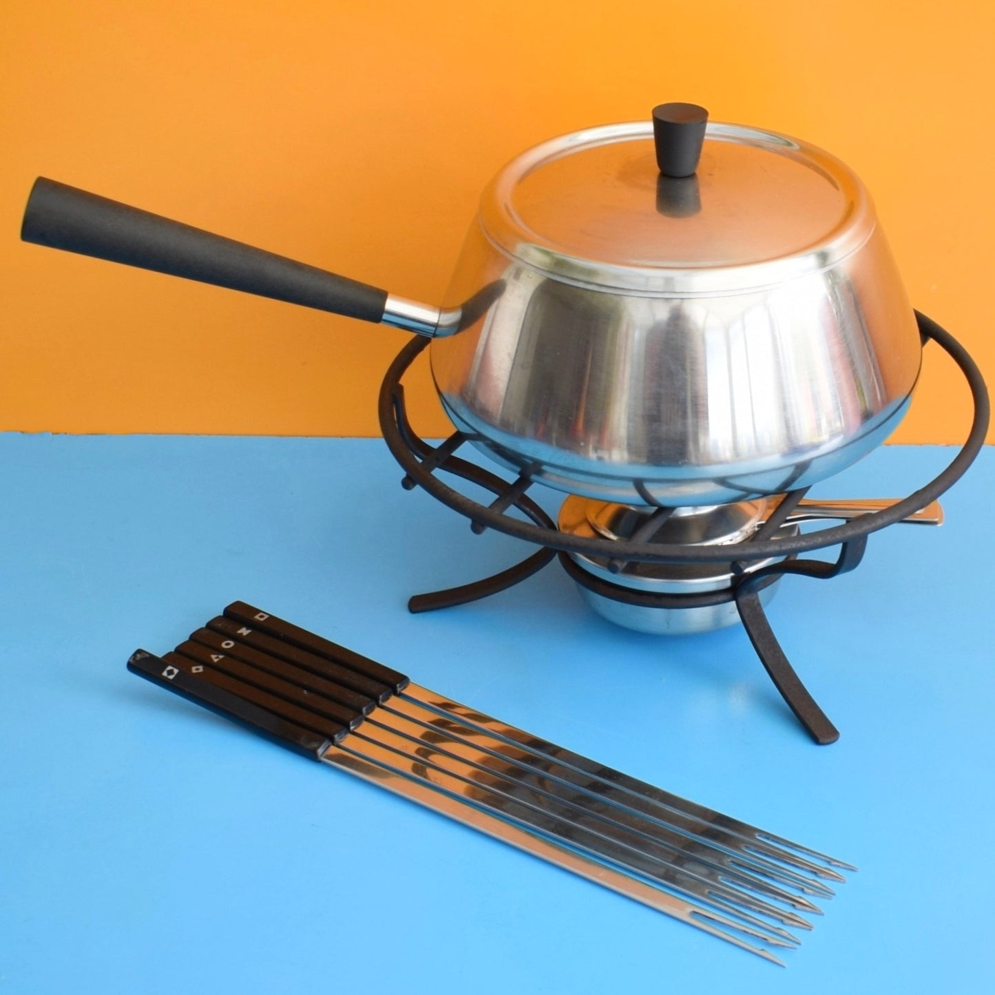 Vintage 1960s Fondue Set Teak / Stainless Steel - Danish / Swiss