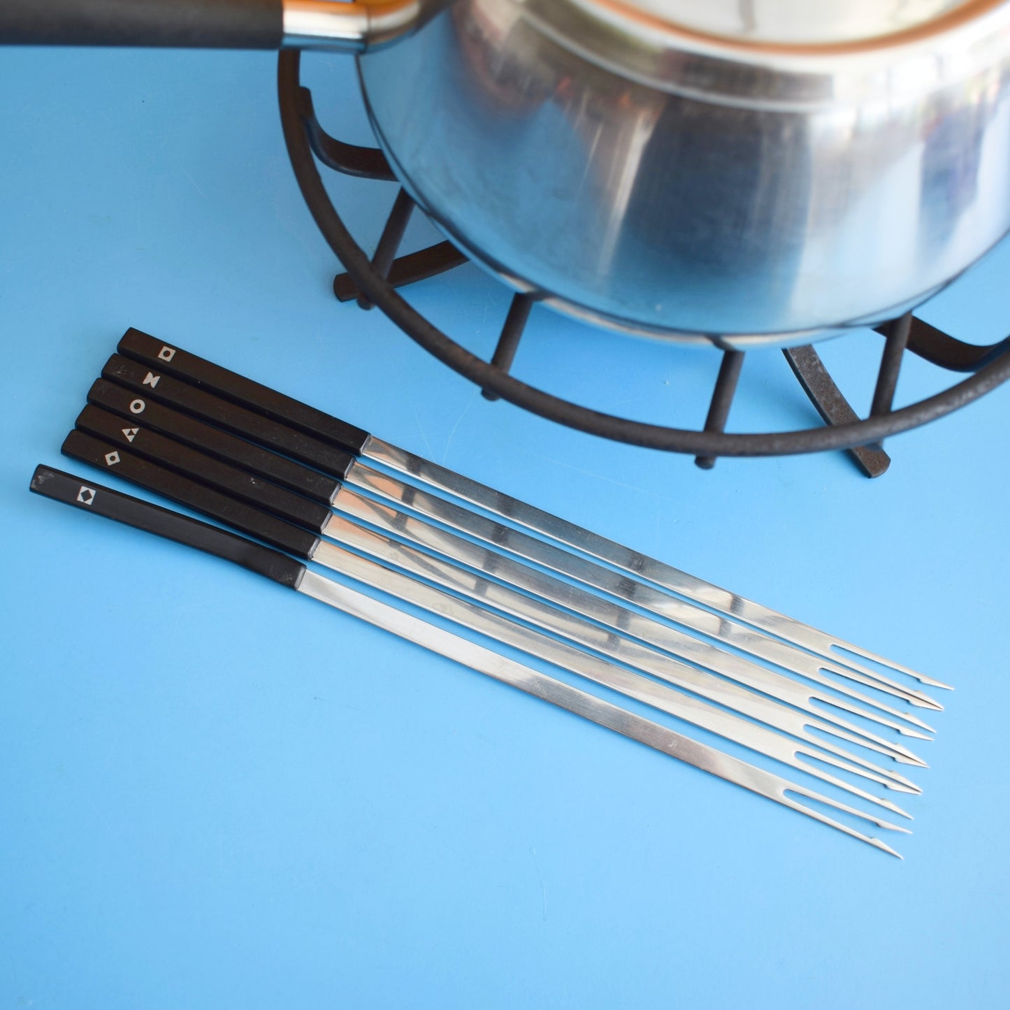 Vintage 1960s Fondue Set Teak / Stainless Steel - Danish / Swiss