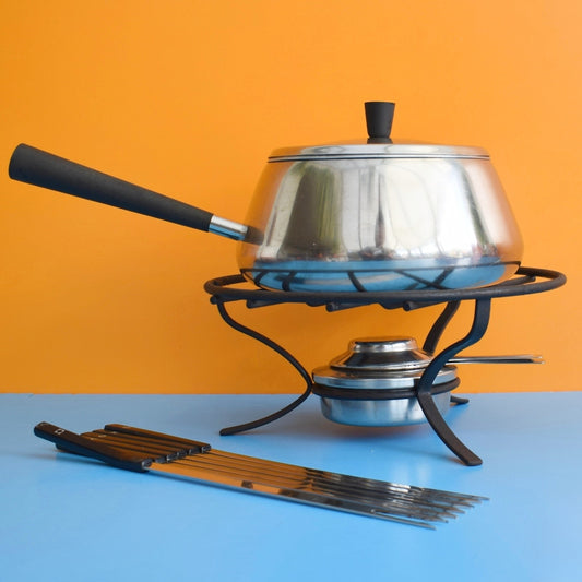 Vintage 1960s Fondue Set Teak / Stainless Steel - Danish / Swiss