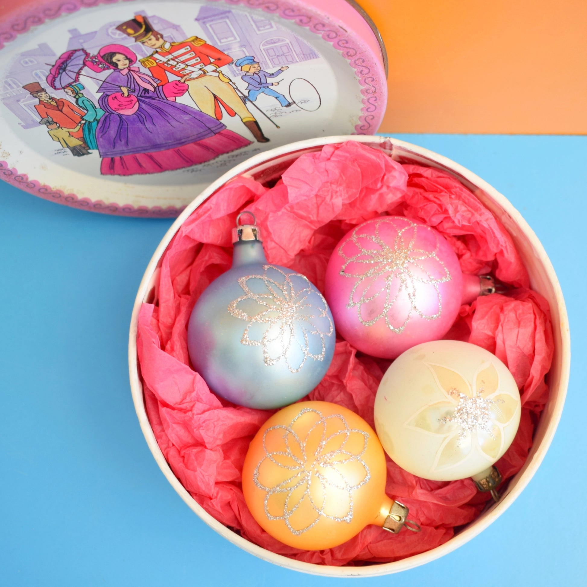 Vintage 1970s Glass Christmas Baubles In Quality Street Tin by Pineapple Retro