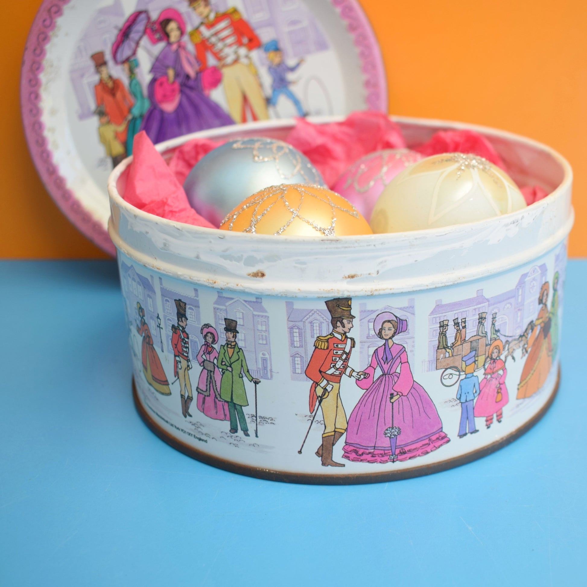Vintage 1970s Glass Christmas Baubles In Quality Street Tin by Pineapple Retro