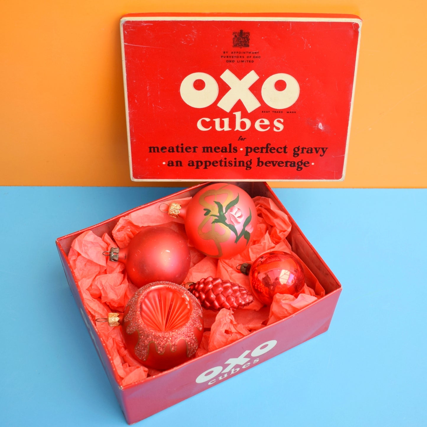 Vintage 1970s Glass Christmas Baubles - Older OXO Tin - Red & Pink