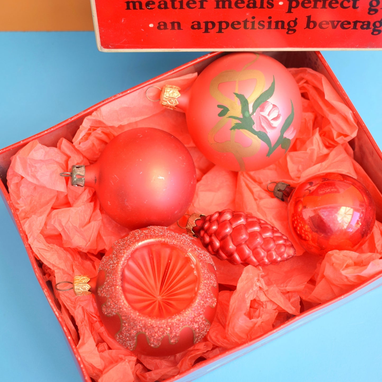 Vintage 1970s Glass Christmas Baubles - Older OXO Tin - Red & Pink