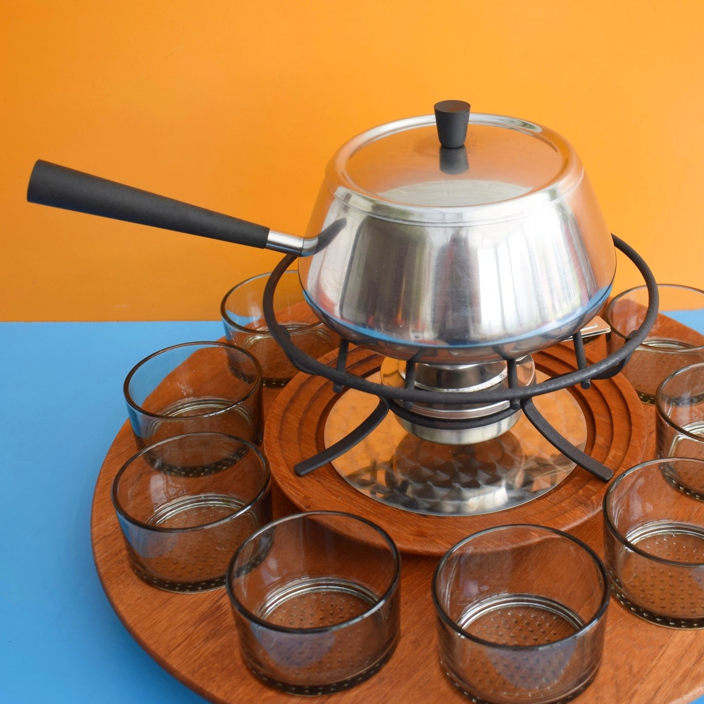 Vintage 1960s Fondue Set Teak / Stainless Steel - Danish / Swiss