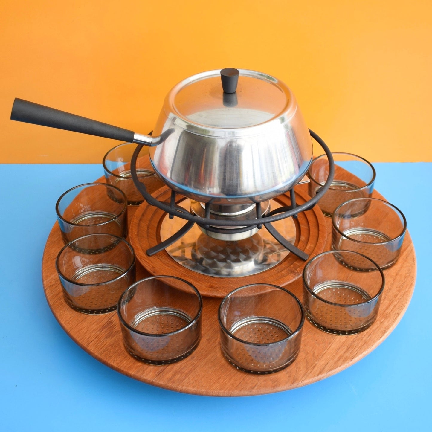 Vintage 1960s Fondue Set Teak / Stainless Steel - Danish / Swiss