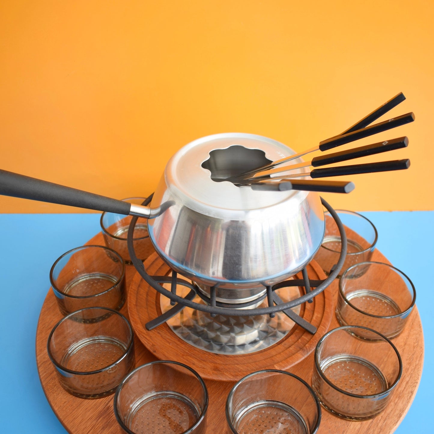 Vintage 1960s Fondue Set Teak / Stainless Steel - Danish / Swiss