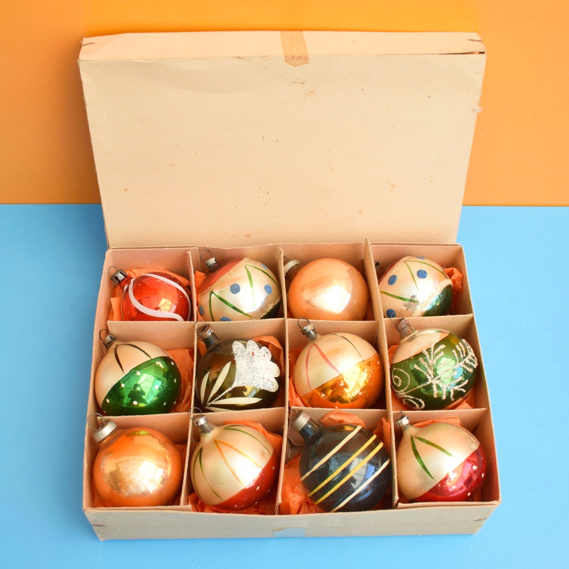 Vintage 1960s Glass Christmas Baubles - Mixed x12 - Autumnal Colours by Pineapple Retro