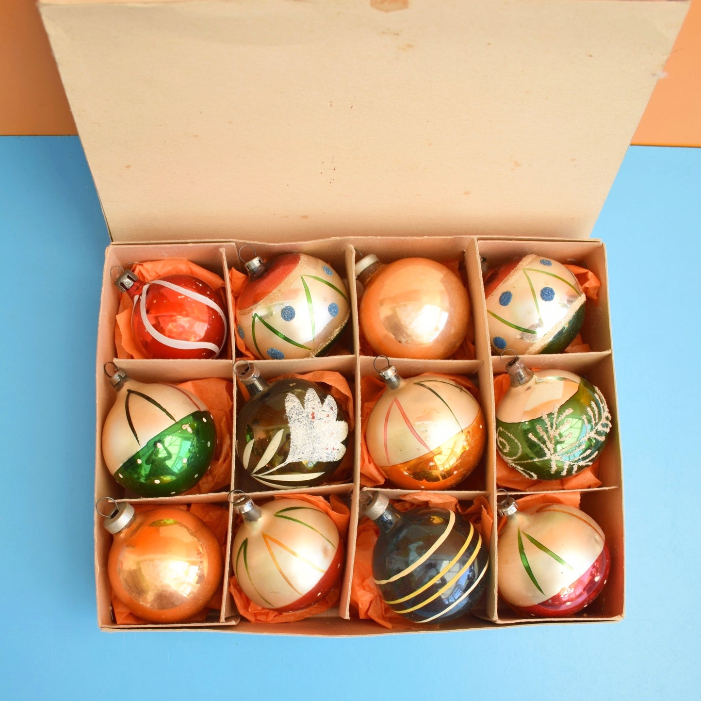 Vintage 1960s Glass Christmas Baubles - Mixed x12 - Autumnal Colours by Pineapple Retro