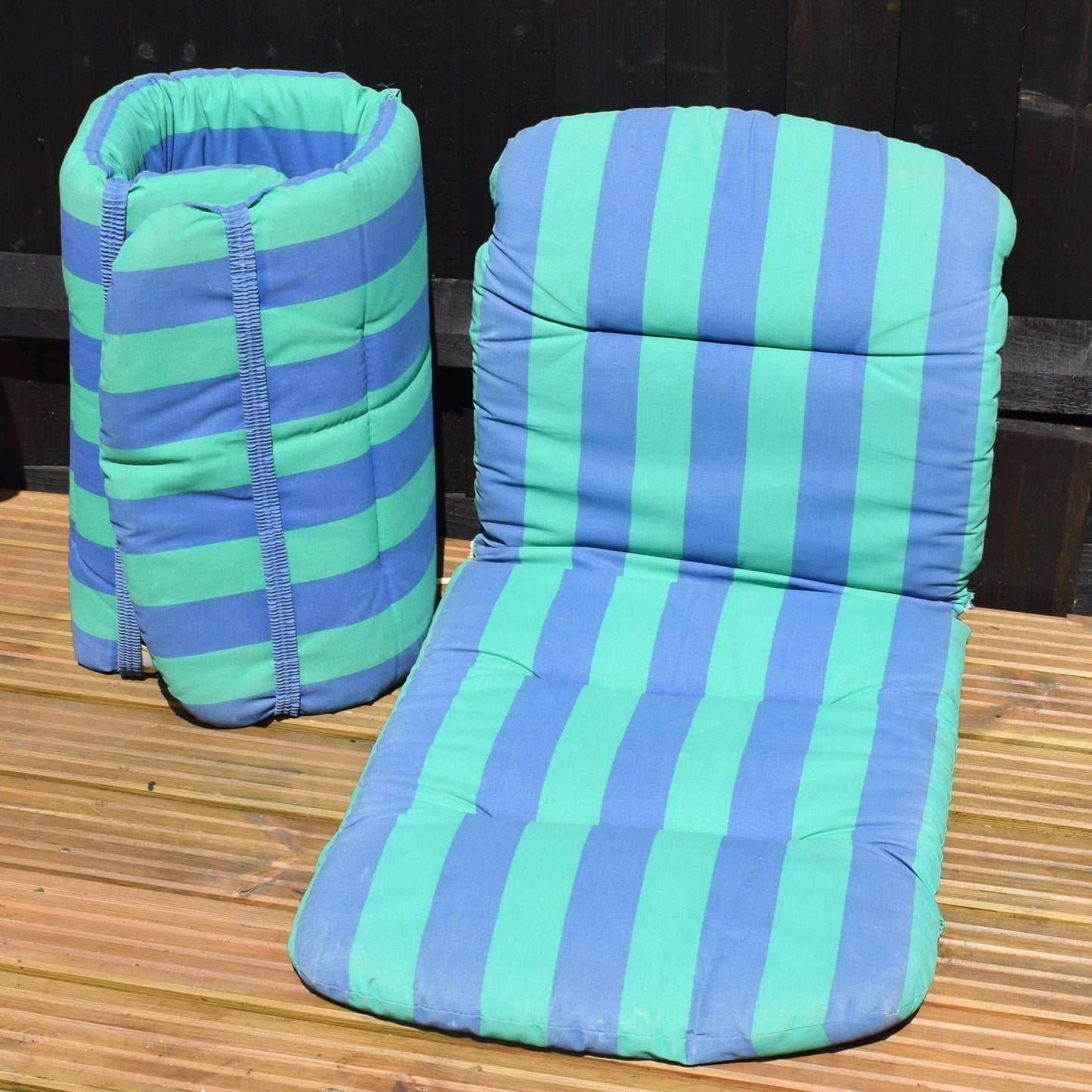 Vintage 1980s Garden Chair / Lounger Cushions - Striped Blue & Green
