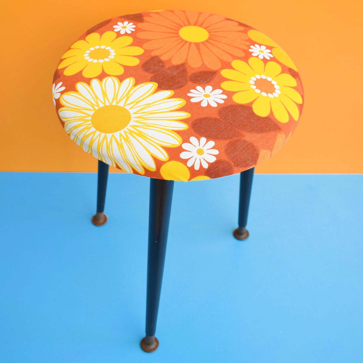 Vintage 1960s Round, Upholstered Stool - Orange Flower by Pineapple Retro