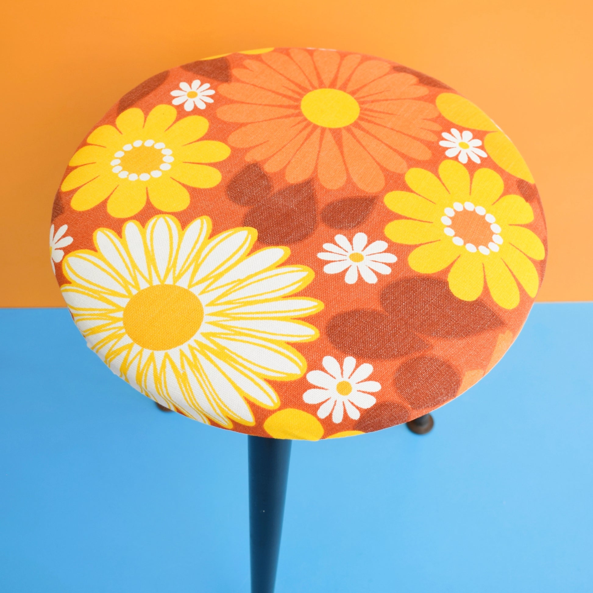 Vintage 1960s Round, Upholstered Stool - Orange Flower by Pineapple Retro
