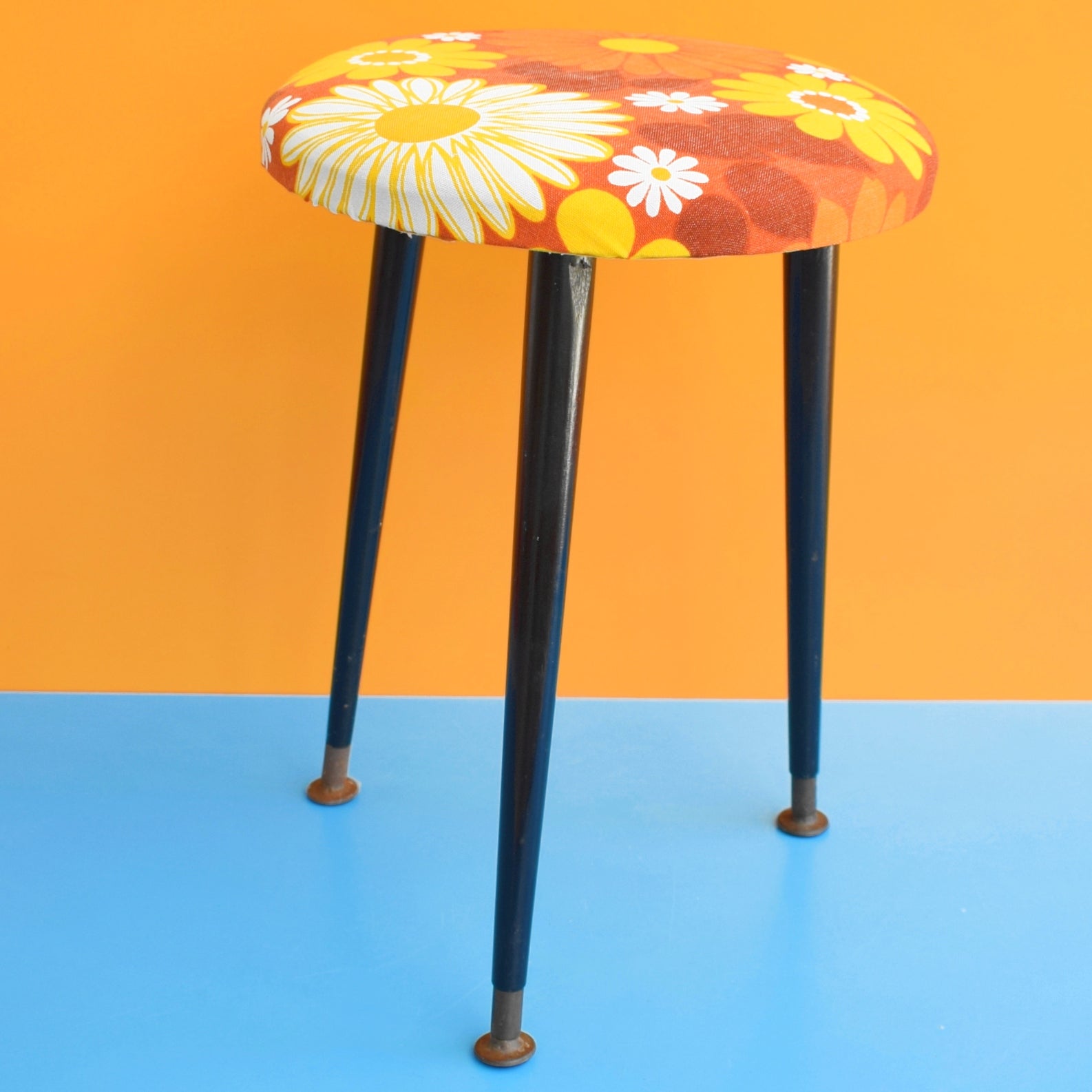 Vintage 1960s Round, Upholstered Stool - Orange Flower by Pineapple Retro