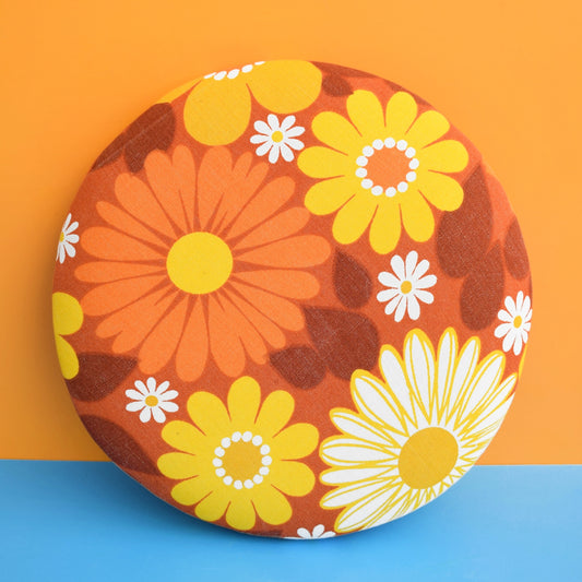 Vintage 1960s Round, Upholstered Stool - Orange Flower by Pineapple Retro
