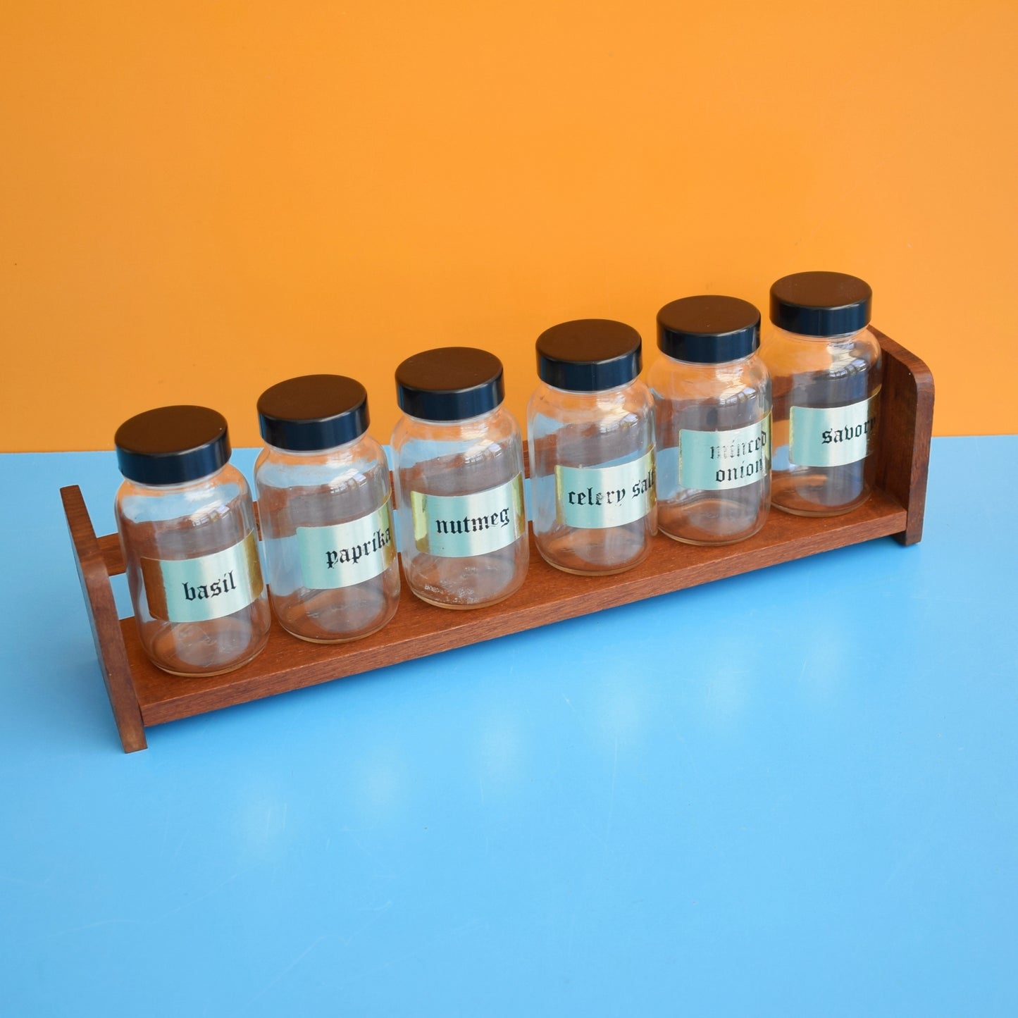 Vintage 1970s Teak Spice Rack With Glass Jars x6 by Pineapple Retro