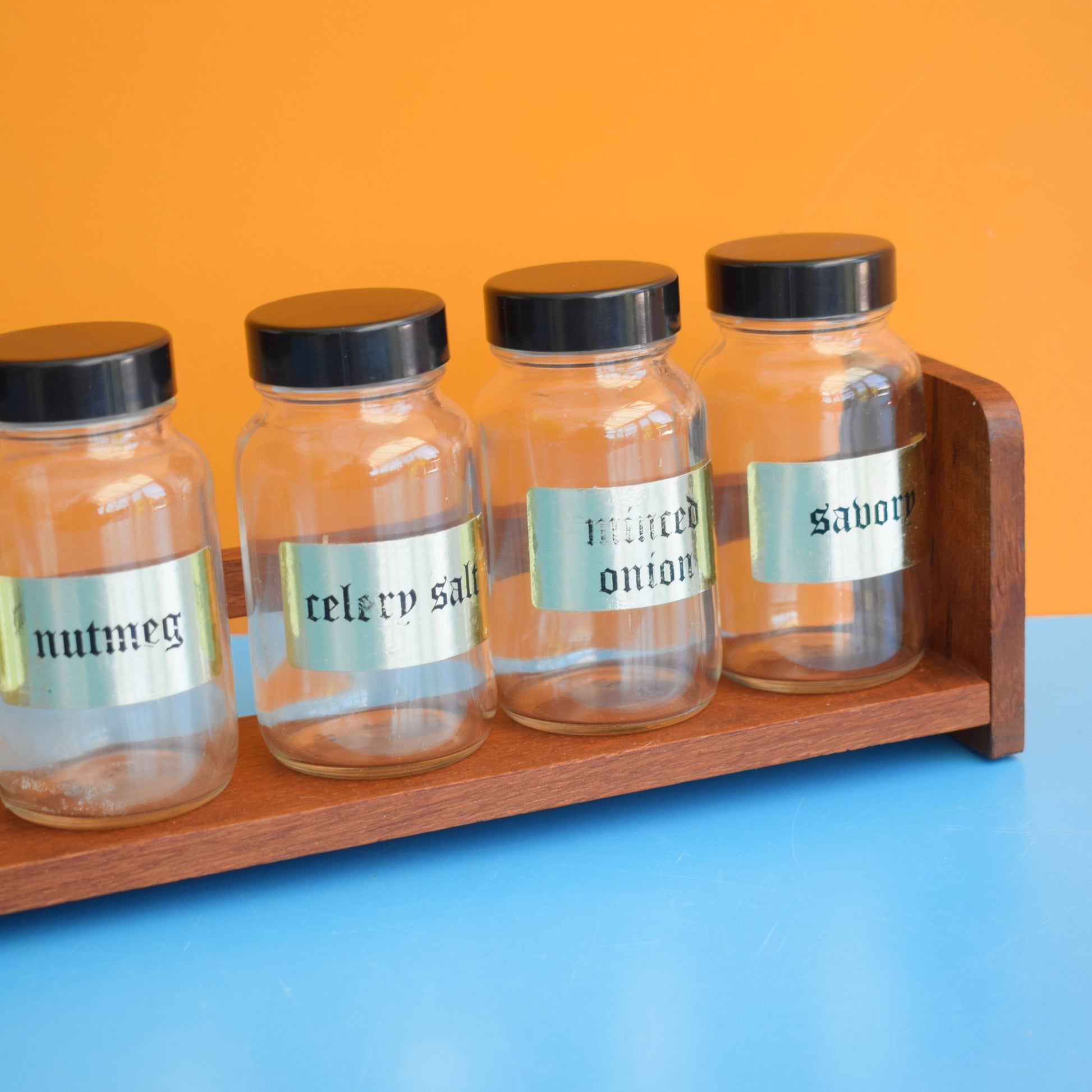 Vintage 1970s Teak Spice Rack With Glass Jars x6 by Pineapple Retro