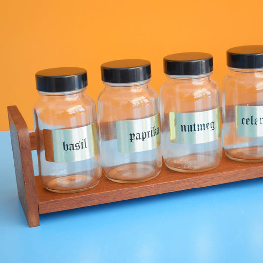 Vintage 1970s Teak Spice Rack With Glass Jars x6 by Pineapple Retro