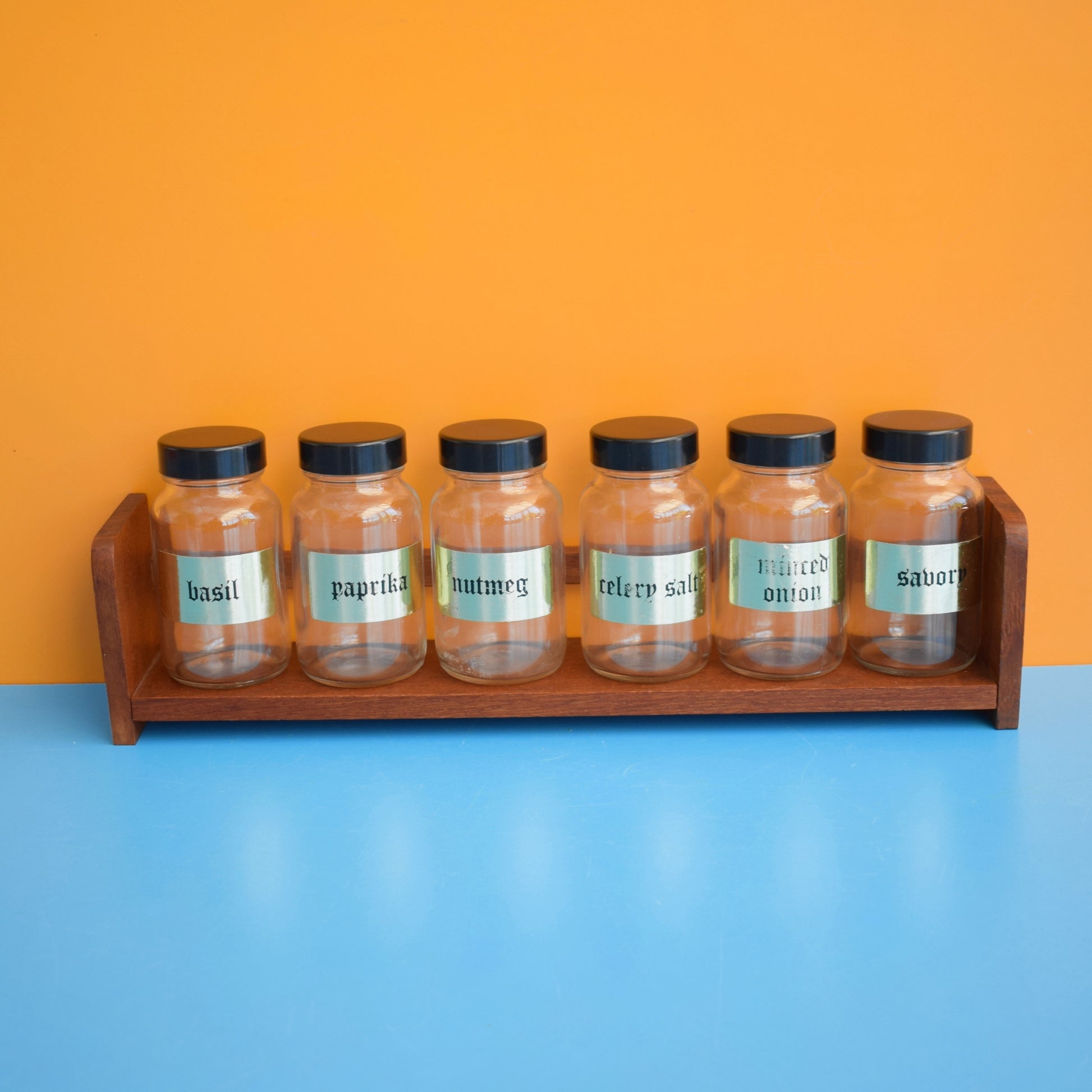 Vintage 1970s Teak Spice Rack With Glass Jars x6 by Pineapple Retro