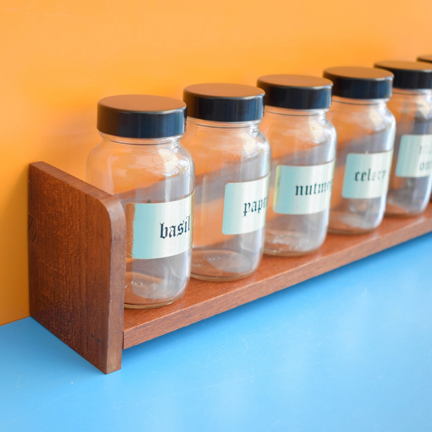 Vintage 1970s Teak Spice Rack With Glass Jars x6 by Pineapple Retro