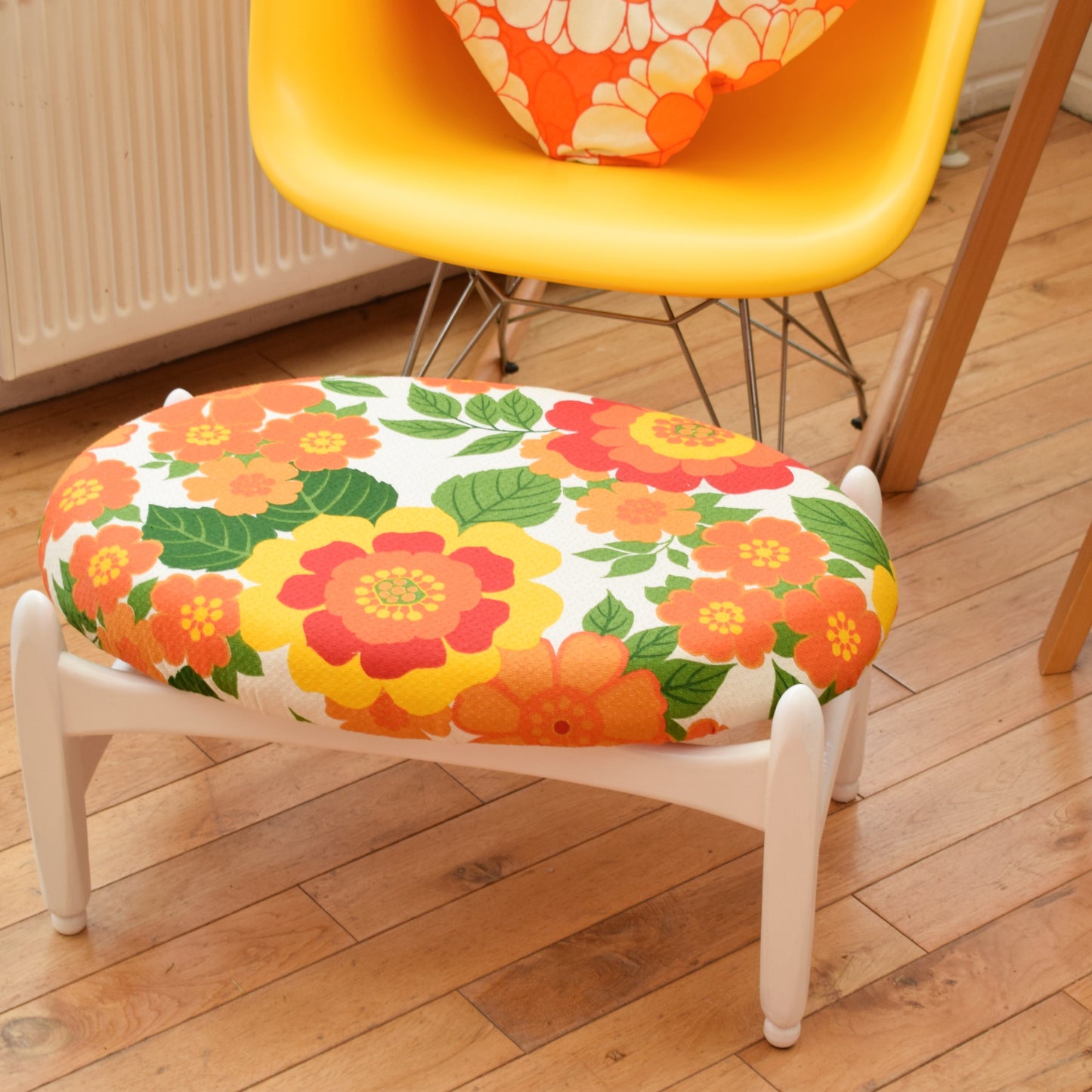 Vintage 1960s Oval Footstool - Elliots Of Newbury - French Fabric