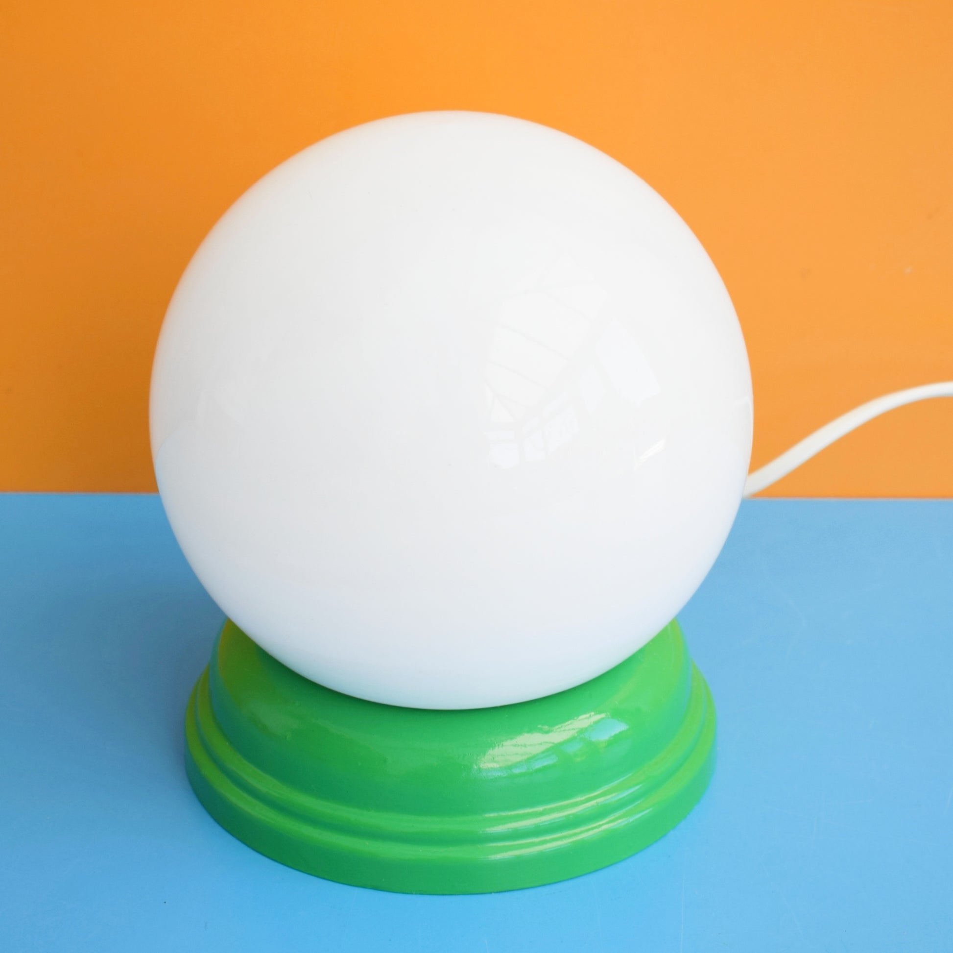Vintage 1960s Glass Globe / Wooden Lamp - Green & White by Vintage