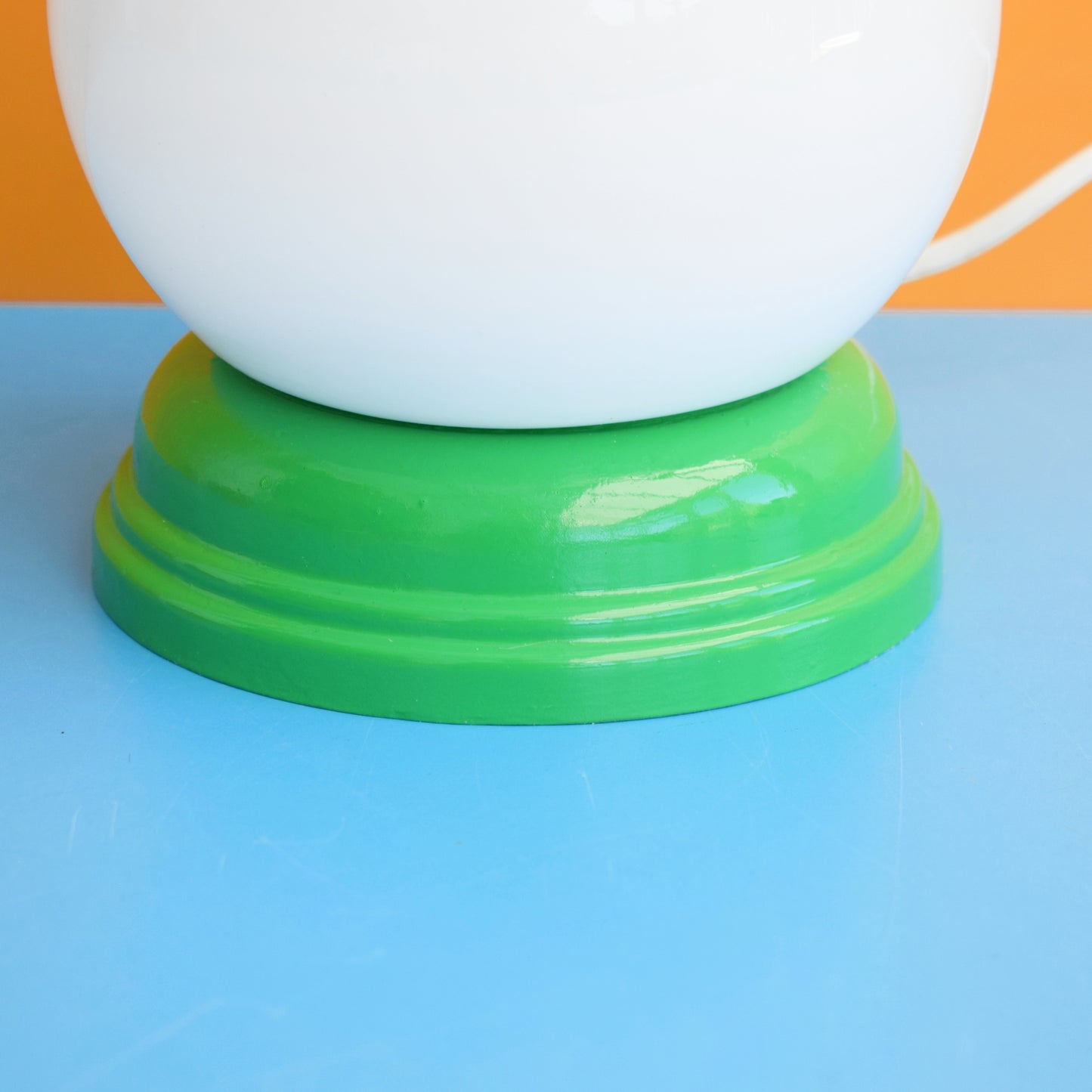 Vintage 1960s Glass Globe / Wooden Lamp - Green & White by Vintage