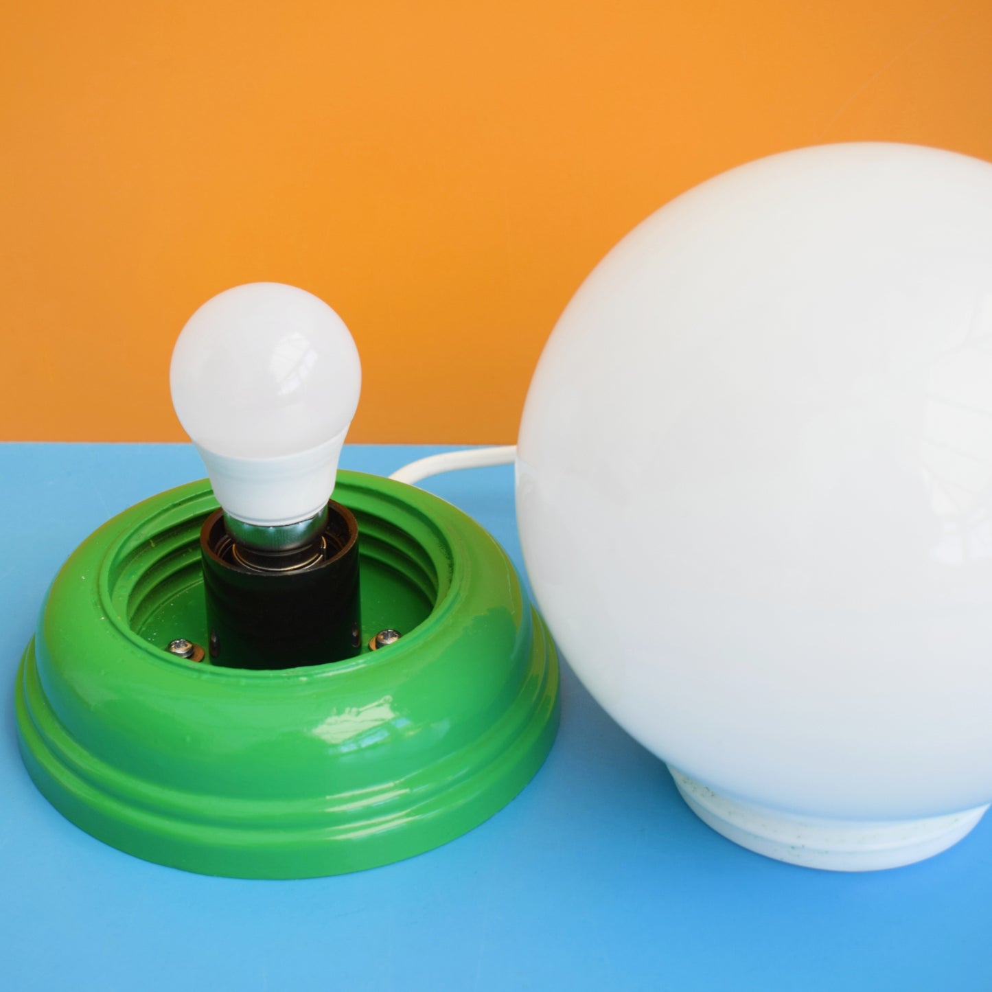 Vintage 1960s Glass Globe / Wooden Lamp - Green & White by Vintage