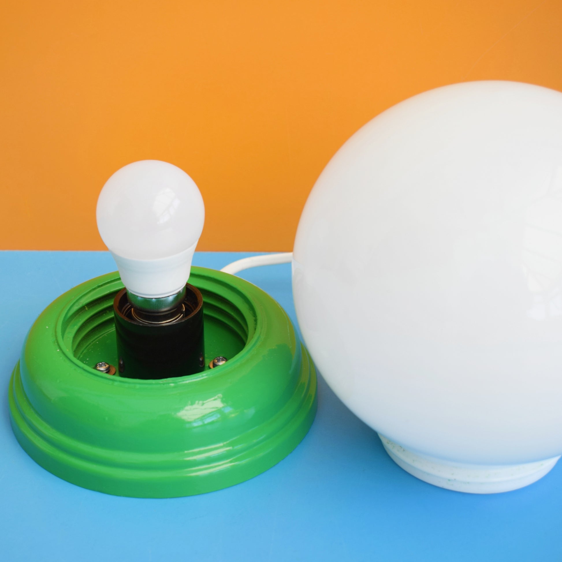 Vintage 1960s Glass Globe / Wooden Lamp - Green & White by Vintage