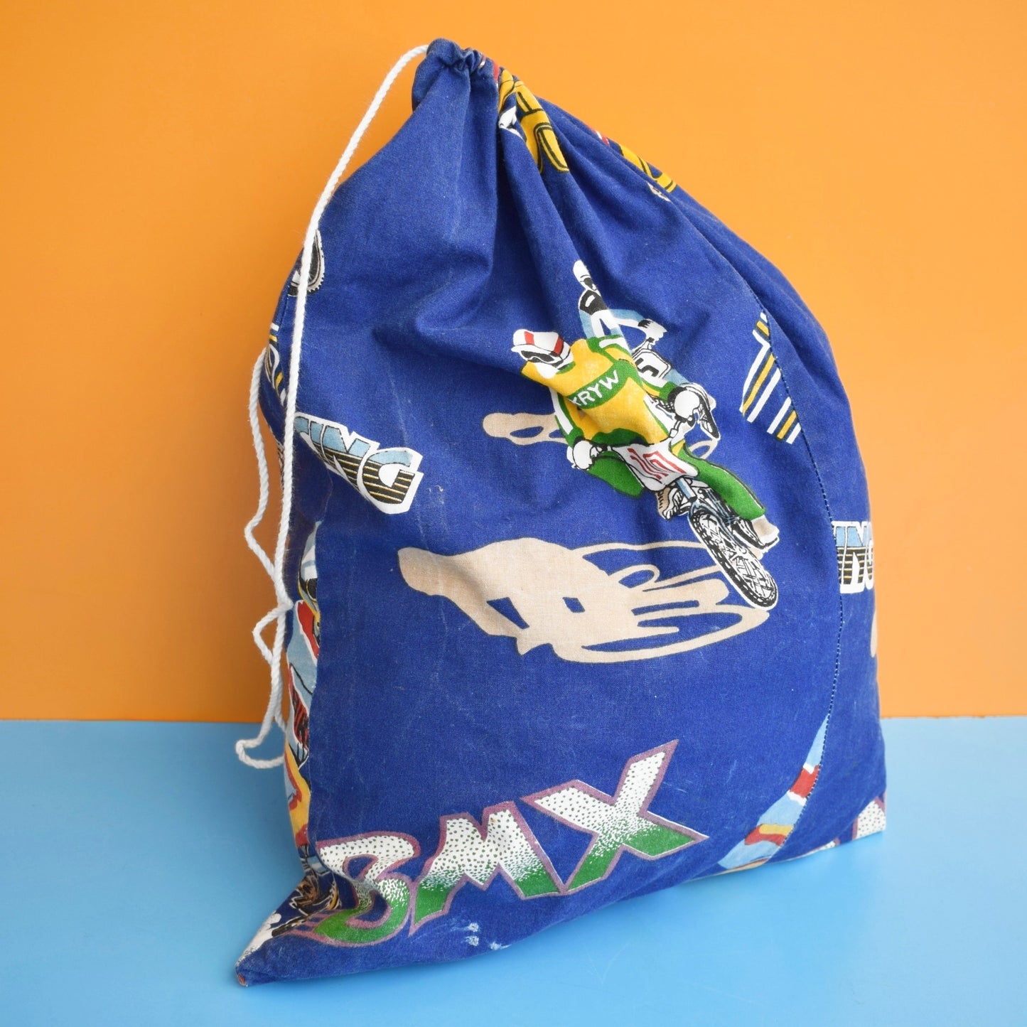 Vintage 1980s Fabric Drawstring Bag - BMX Print