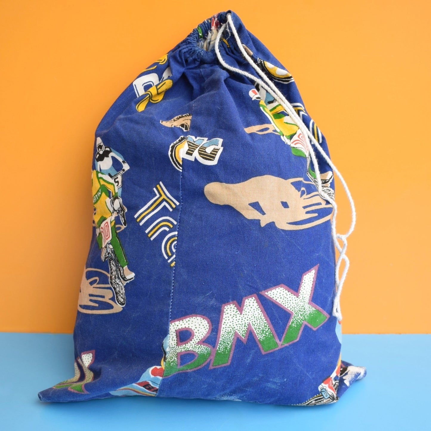 Vintage 1980s Fabric Drawstring Bag - BMX Print