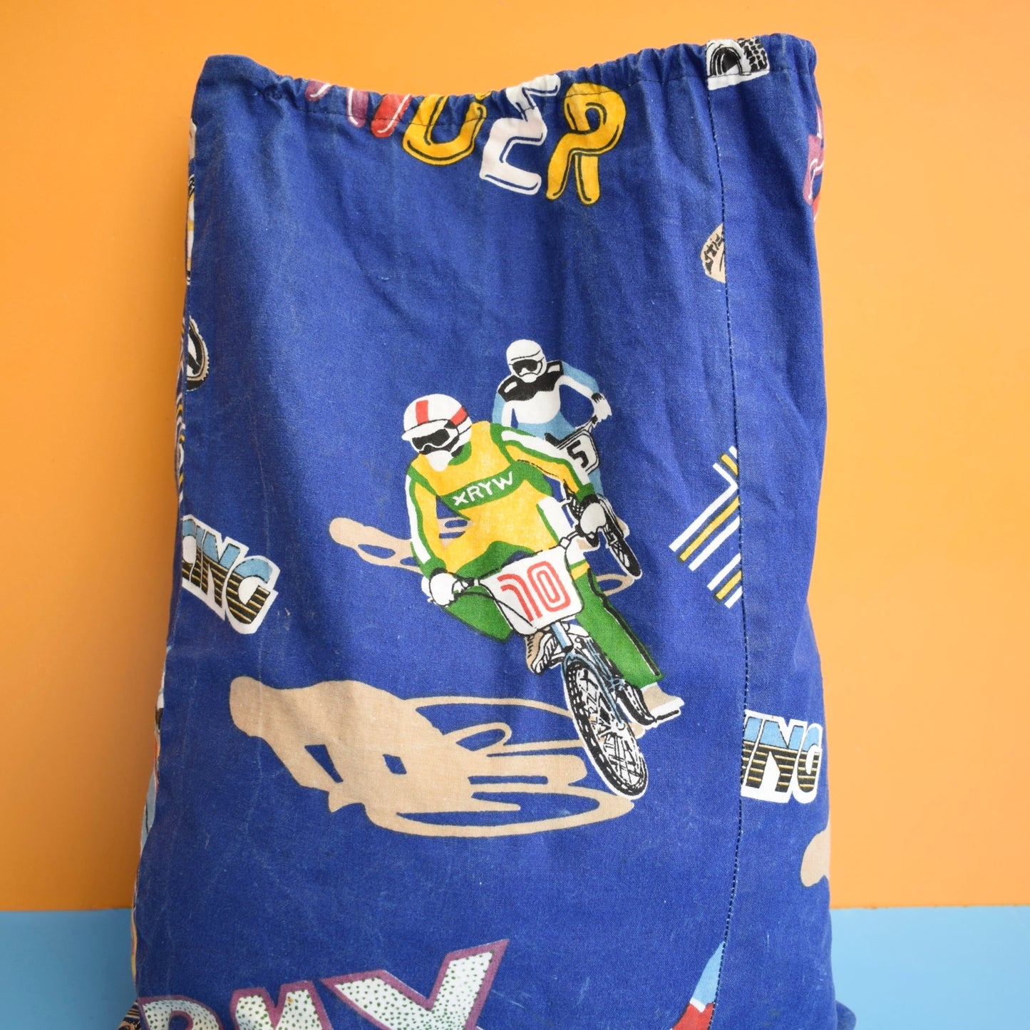 Vintage 1980s Fabric Drawstring Bag - BMX Print