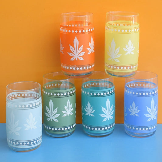 Vintage 1970s Drinking Glasses x6 - Hemp Leaf Design