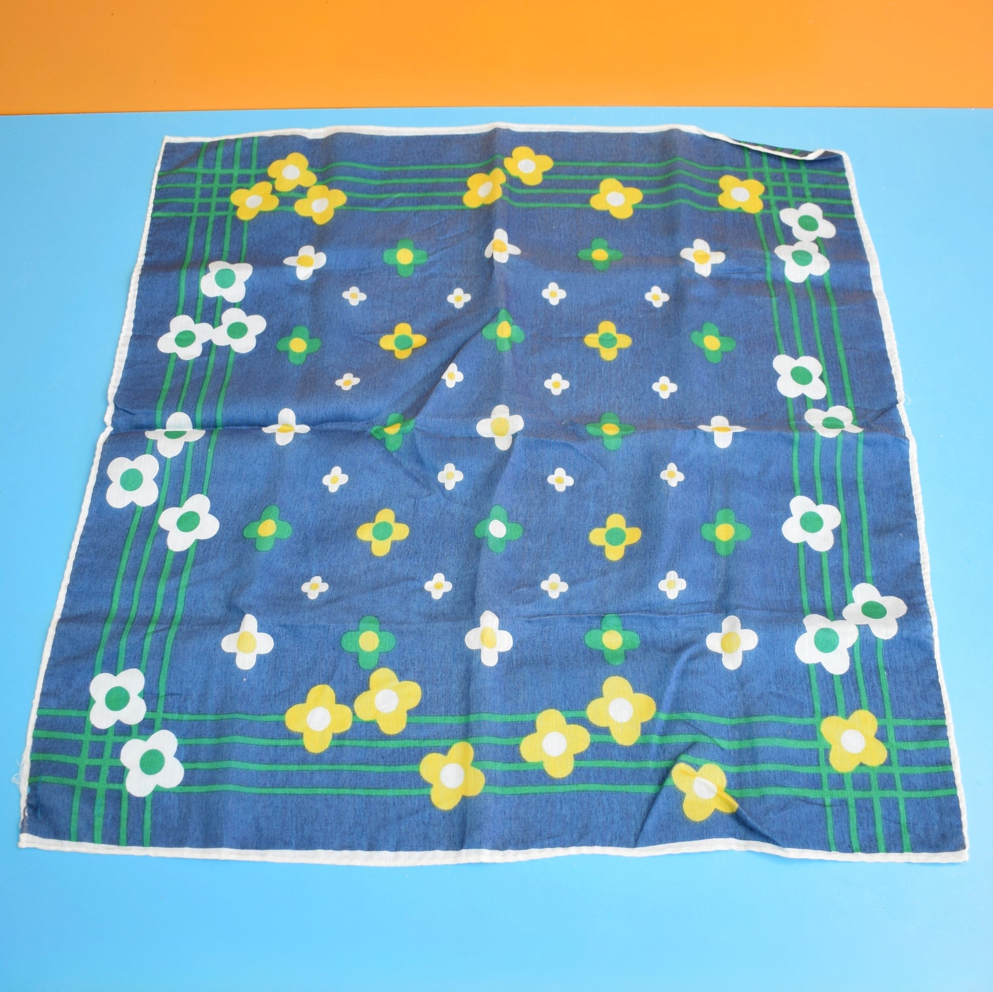 Vintage 1960s Flower Power Square Scarf - Yellow & Blue by Vintage