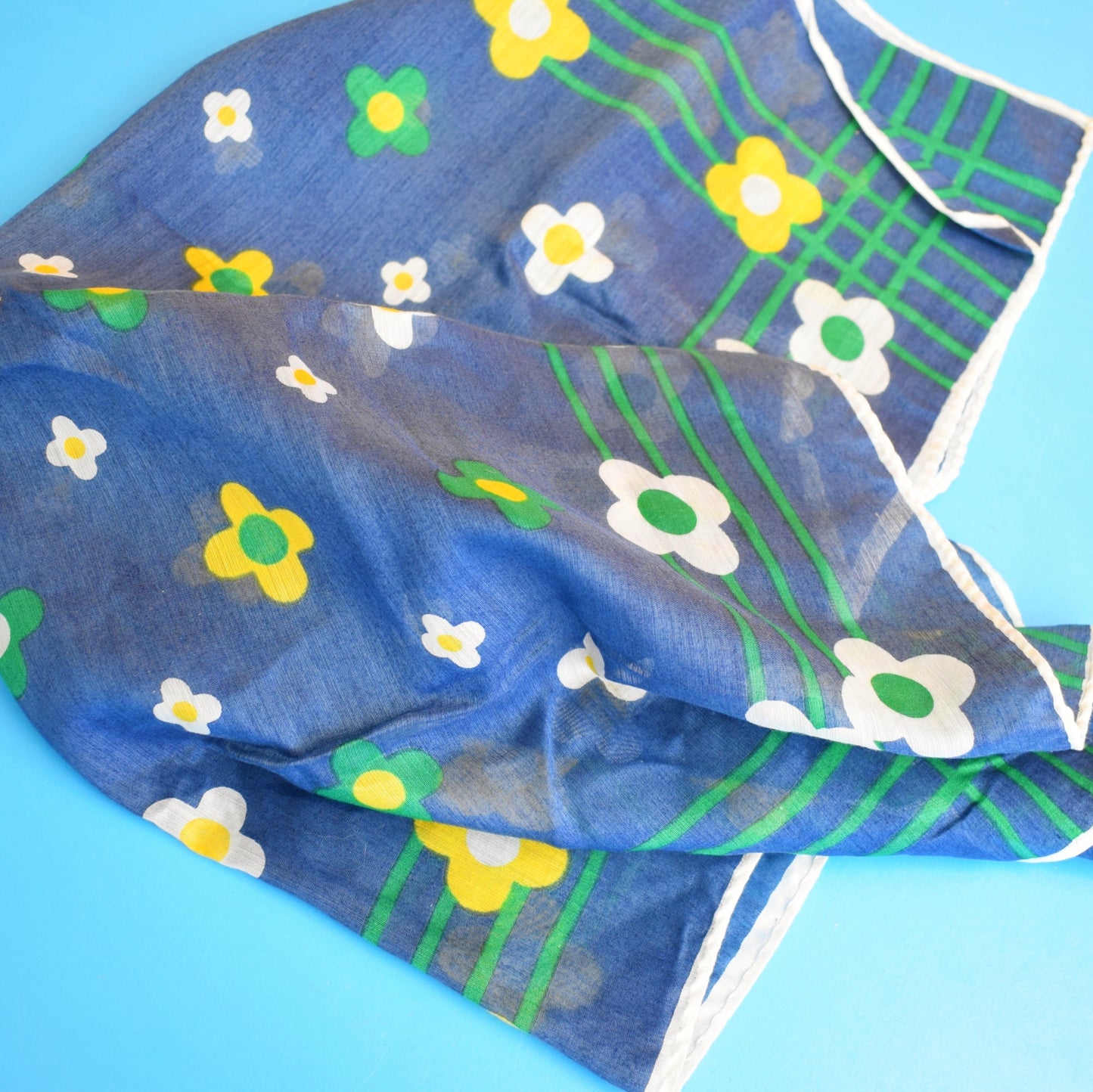 Vintage 1960s Flower Power Square Scarf - Yellow & Blue by Vintage