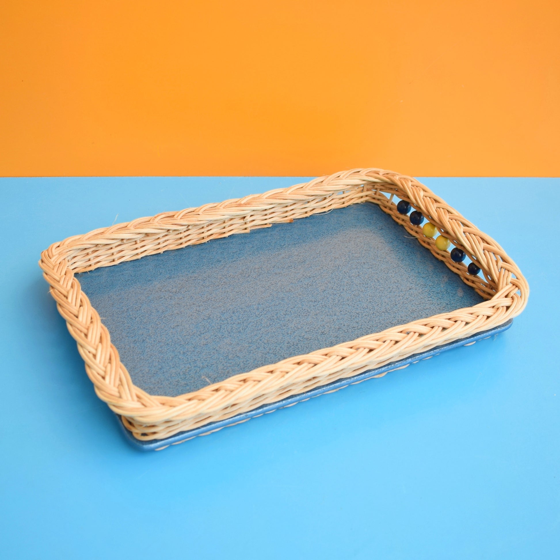 Vintage 1960s Small Rectangular Wicker / Blue Tray by Vintage