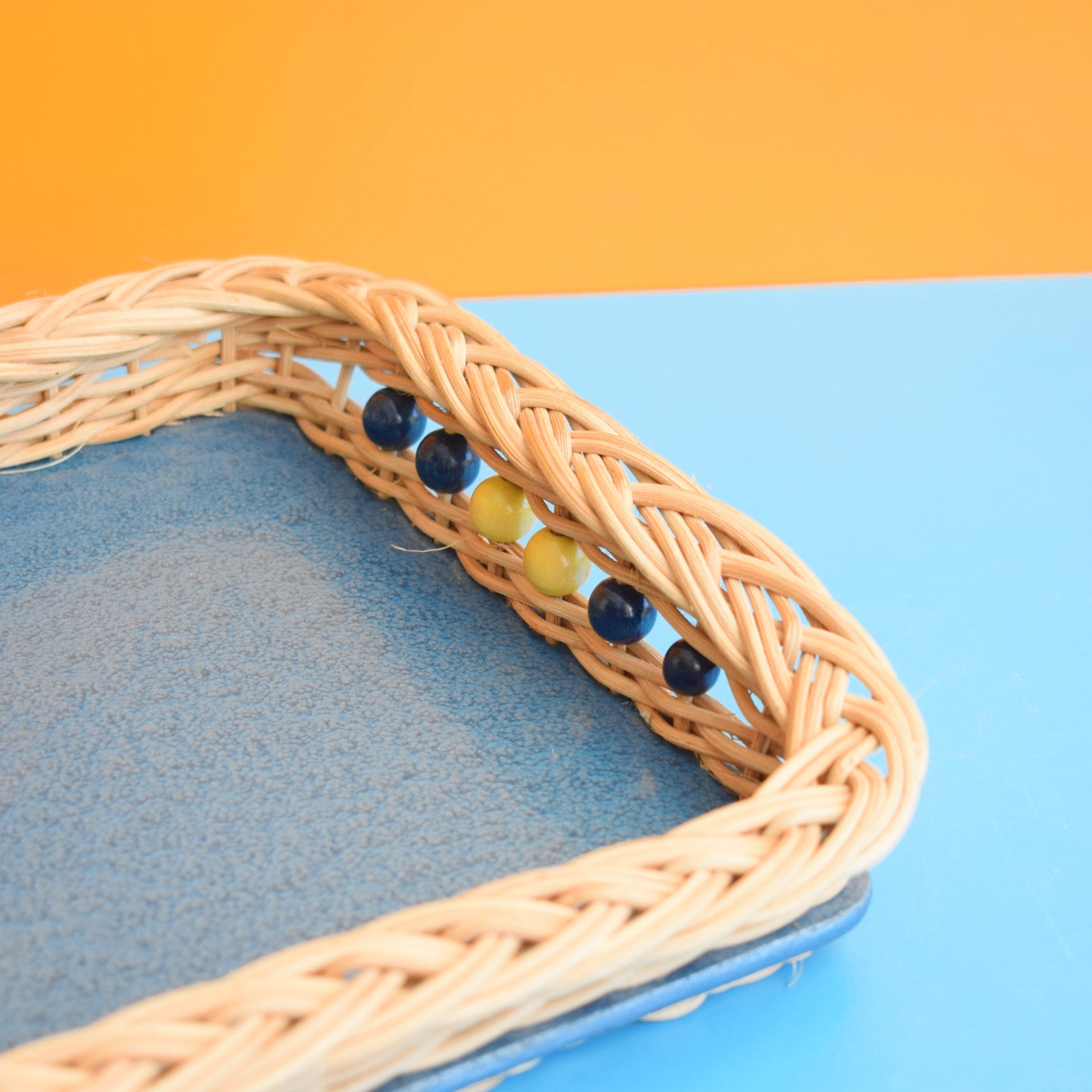 Vintage 1960s Small Rectangular Wicker / Blue Tray by Vintage