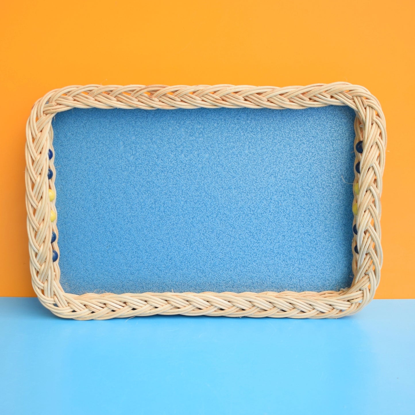 Vintage 1960s Small Rectangular Wicker / Blue Tray by Vintage