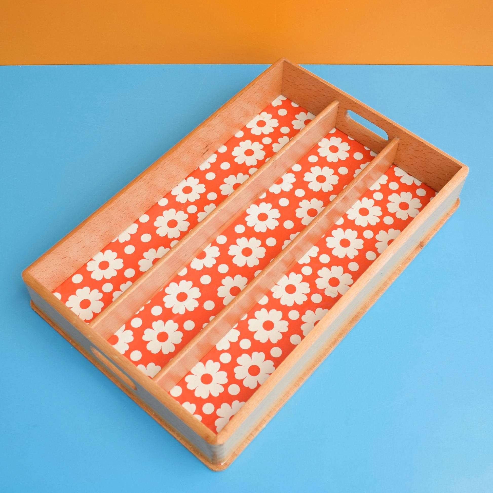Vintage 1970s Wooden Display Shelf / Cutlery Tray - Red Flower Power by Vintage