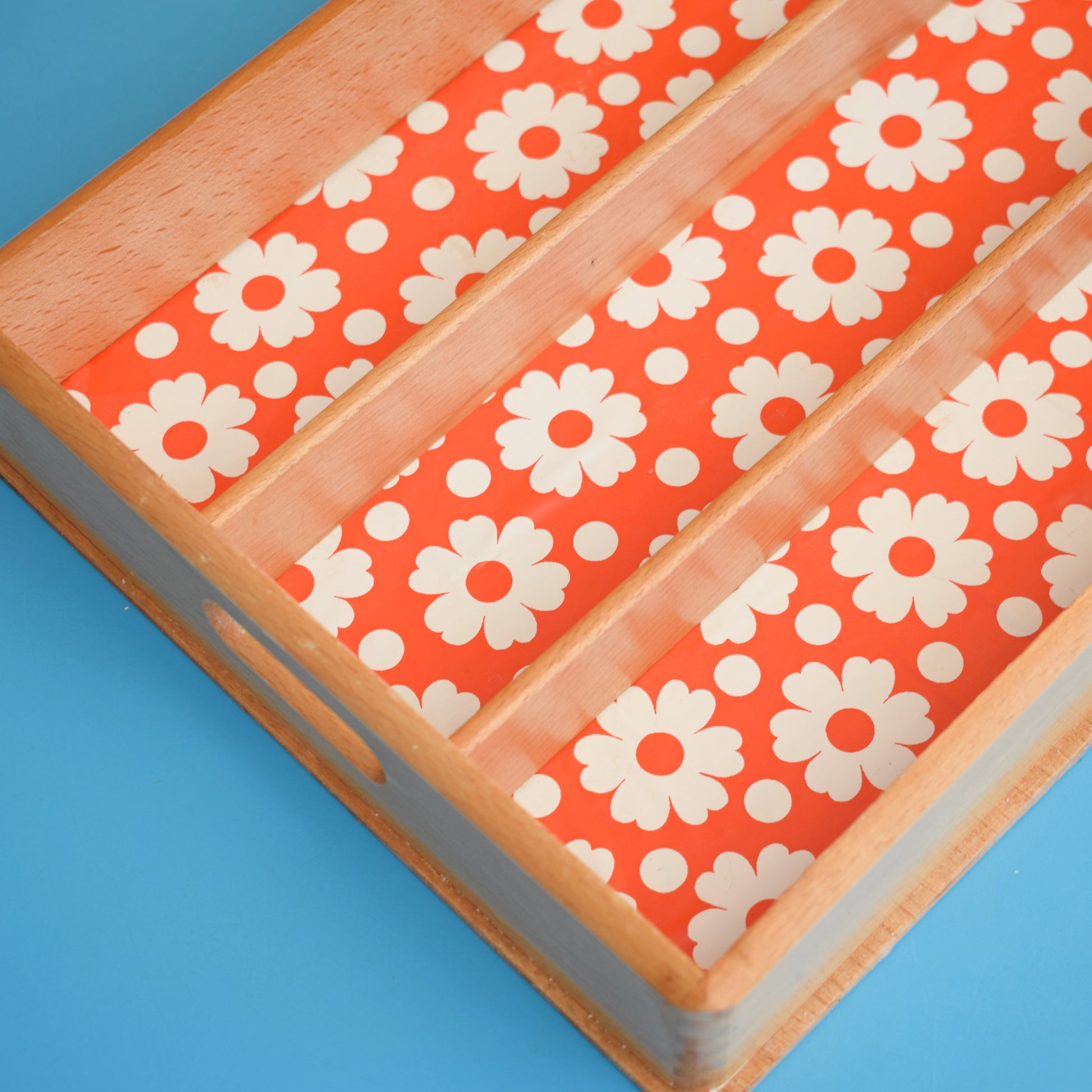 Vintage 1970s Wooden Display Shelf / Cutlery Tray - Red Flower Power by Vintage