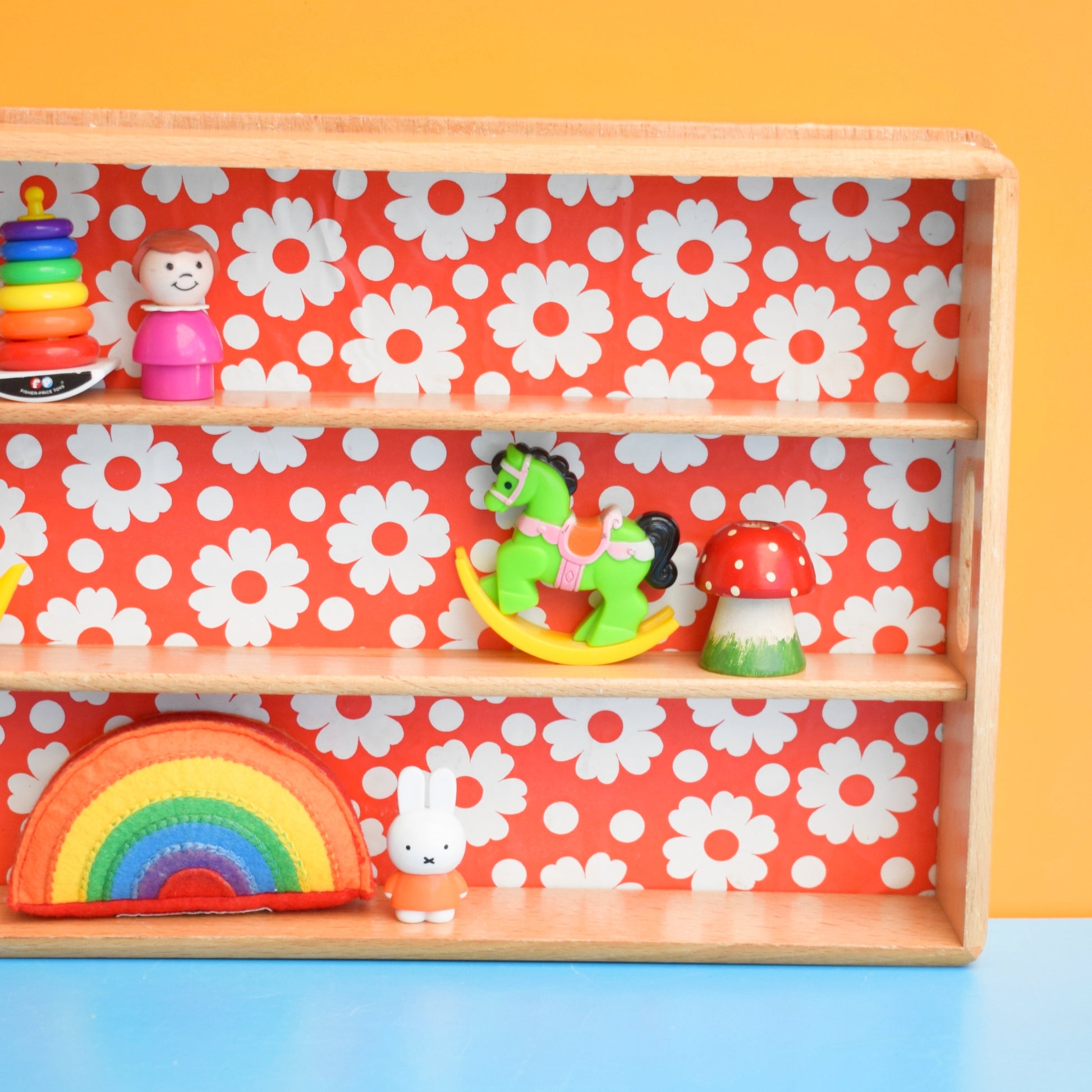 Vintage 1970s Wooden Display Shelf / Cutlery Tray - Red Flower Power by Vintage