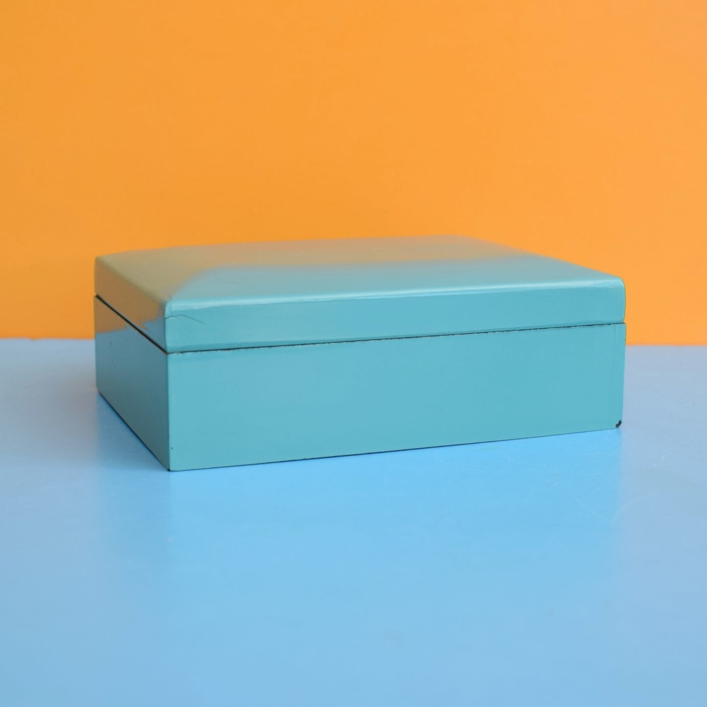Vintage 1970s Rectangular Lacquered Box- Turquoise Blue
