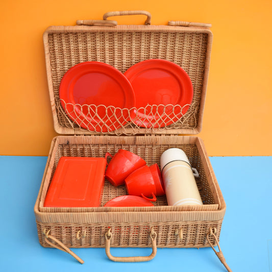 Vintage 1960s Picnic Basket Set - Red