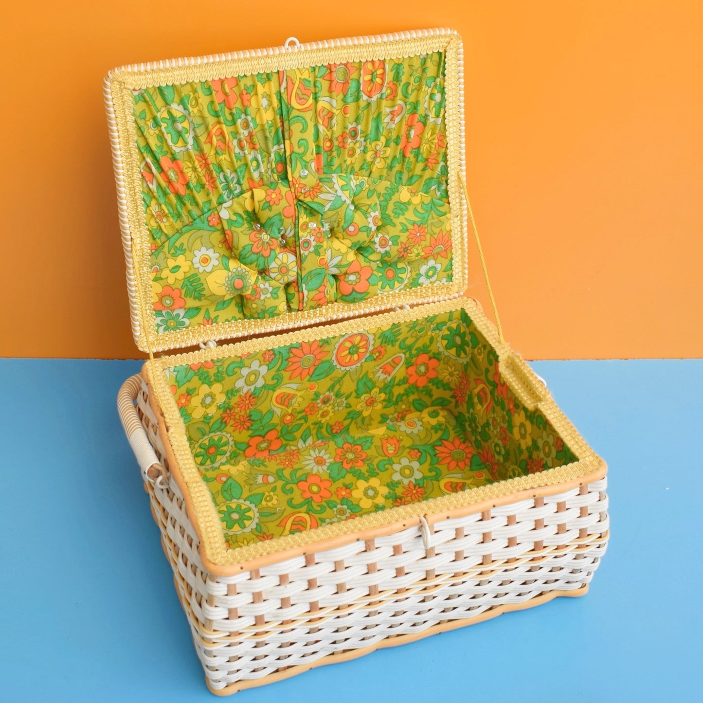 Vintage 1960s Sewing / Hobby Box - Flower Power - Green & Orange