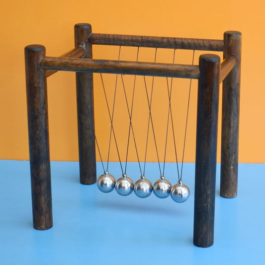 Vintage 1980s Newtons Cradle Executive Desk Toy - Wooden