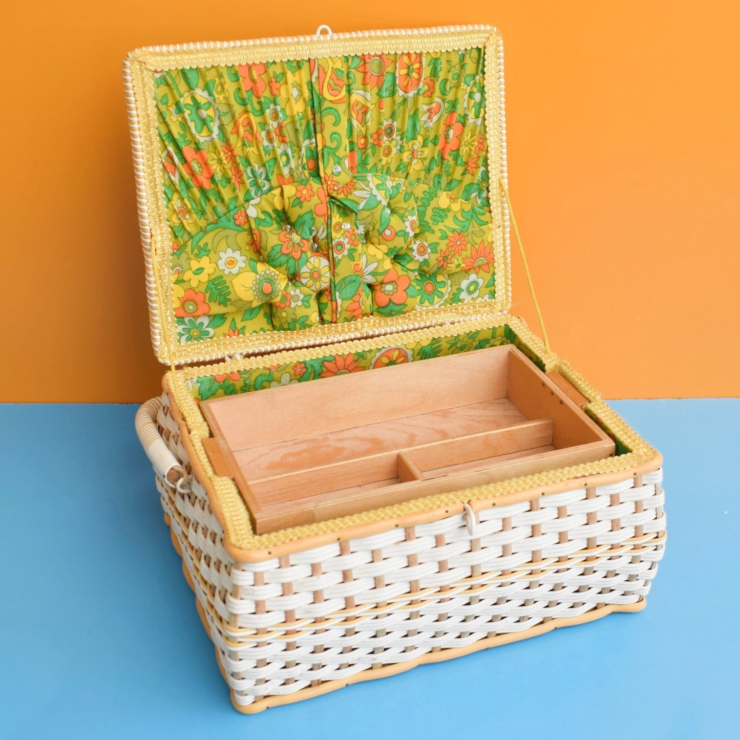 Vintage 1960s Sewing / Hobby Box - Flower Power - Green & Orange