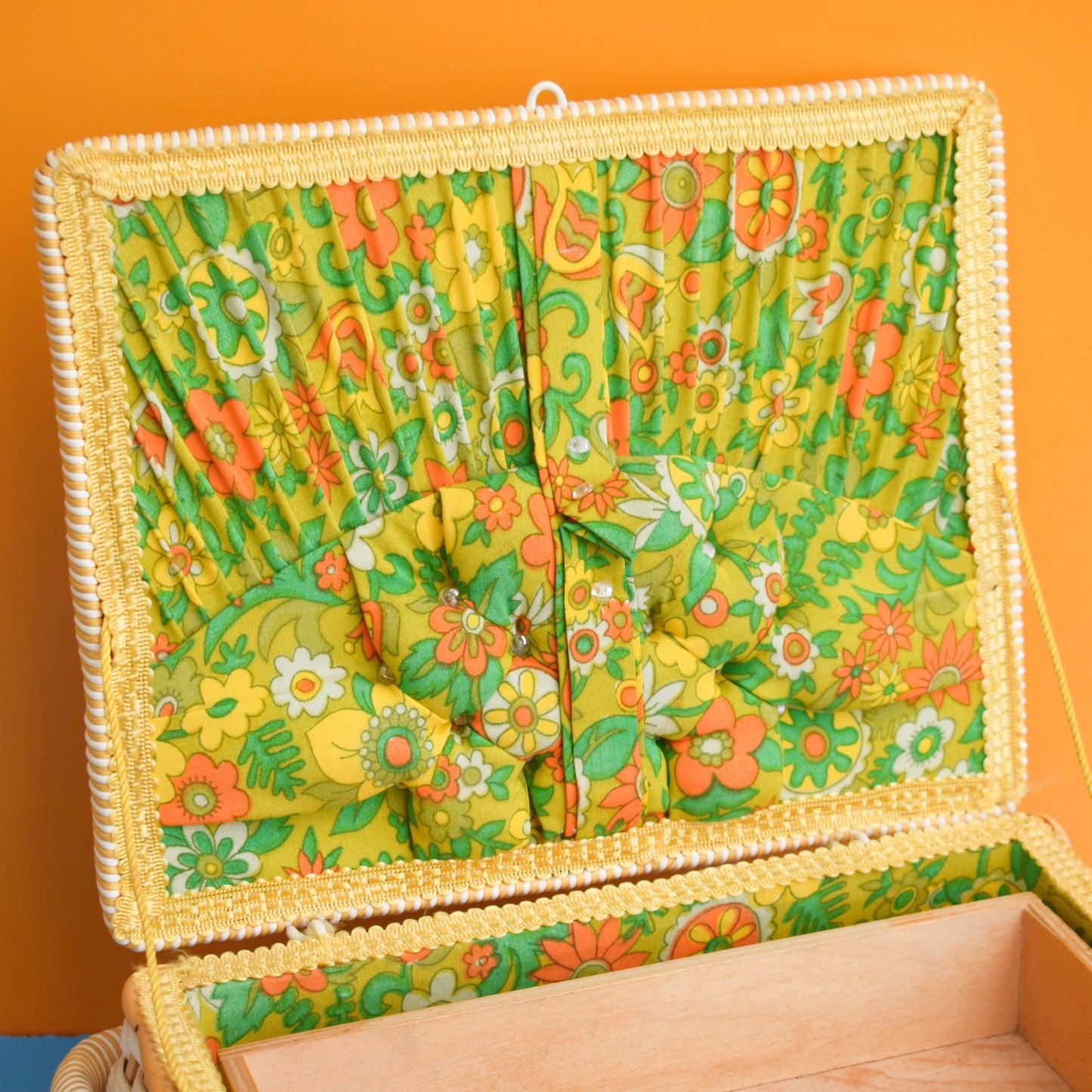 Vintage 1960s Sewing / Hobby Box - Flower Power - Green & Orange