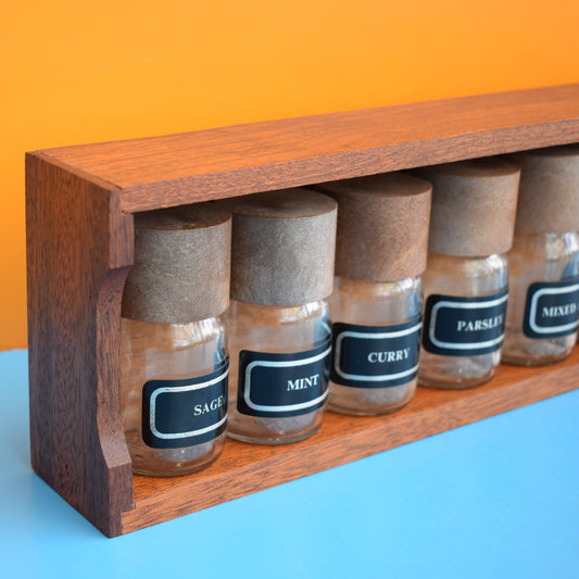 Vintage 1970s Teak Spice Rack With Glass Jars by Pineapple Retro
