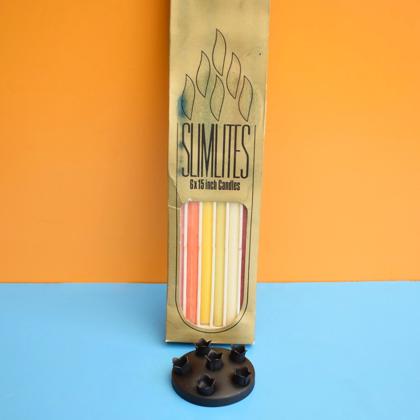 Vintage 1970s Cast Metal Candle Holder / Candles - Slimlites